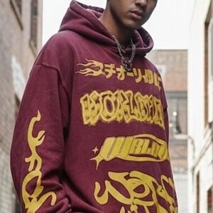 Boohoo Burgundy Hoodie with Yellow Accents